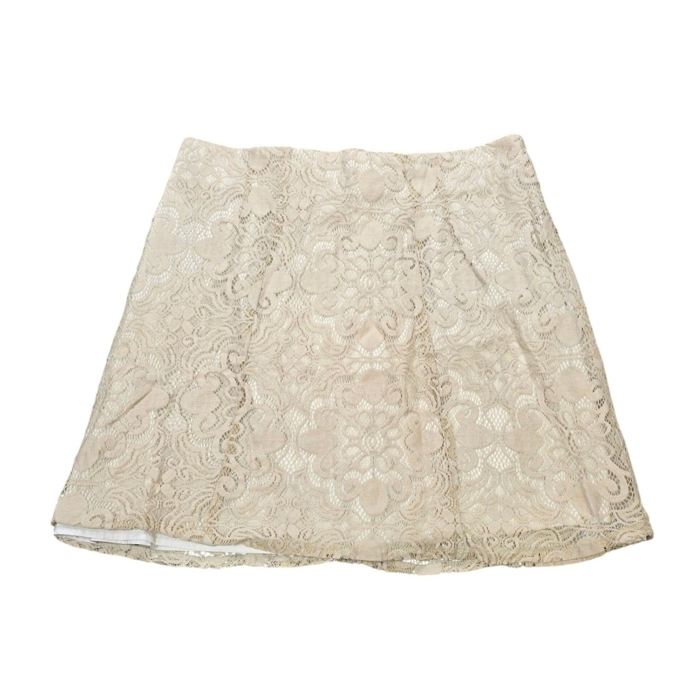 New York & Company Lace Mini Skirt Women's Size 10 Beige Floral Lined Zip Back